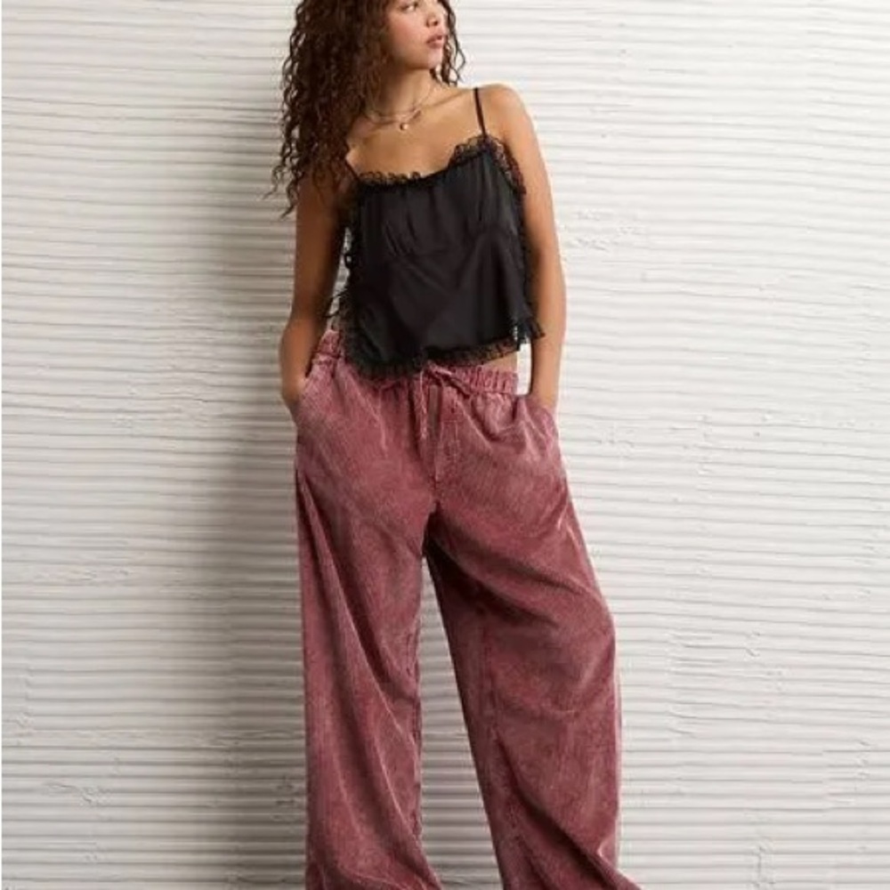 American Eagle Outfitters Women's Maroon Wide Leg Baggy Corduroy Pants